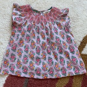Mini Boden Kids' Metallic Floral Smocked Cotton Top in Pink Paisley 5-6
